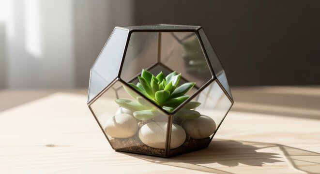 Geometric glass terrarium with succulent plant.