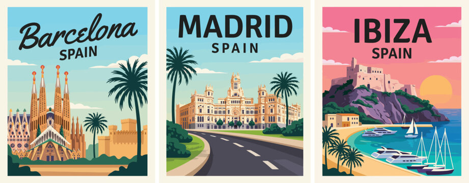 Barcelona Spain Travel Poster, Grand Palace with Palm Trees and Curved Road, Vintage Tourism Illustration, Mediterranean City Landmark Artwork