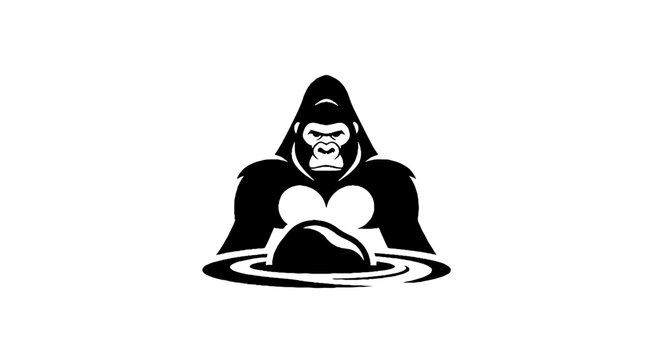 Gorilla silhouette with heart shape in water reflection.