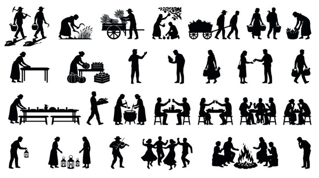Full Harvest Festival Day Timeline Silhouettes Sets Pack, Editable Vectors Strokes Illustrations. containing silhouettes, farm, rural, agriculture, harvest and mores Harvest Festivals silhouettes