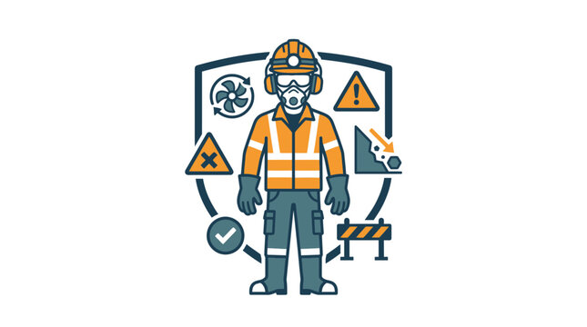 Construction worker with safety equipment and hazard symbols, protection shield