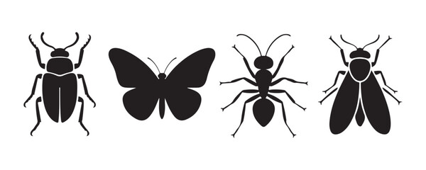 Vector collection of four varied insect silhouettes featuring beetle butterfly ant and fly on transparent. © Farik