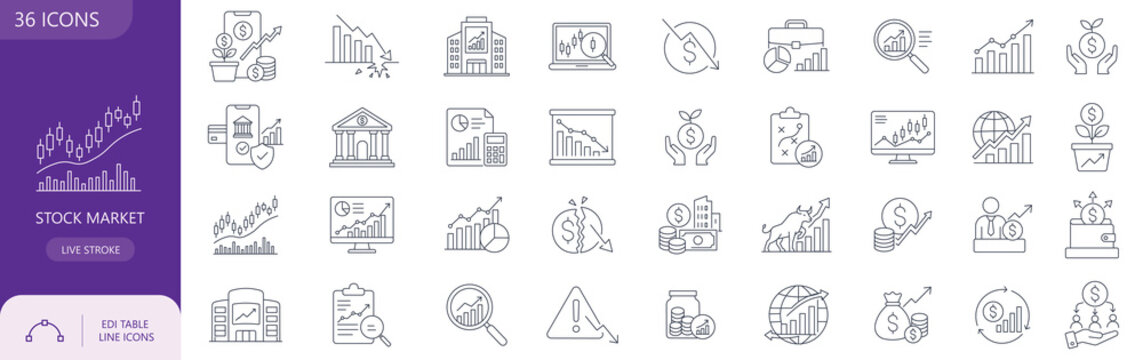 Stock market trading and financial investment thin line icons set, vector
