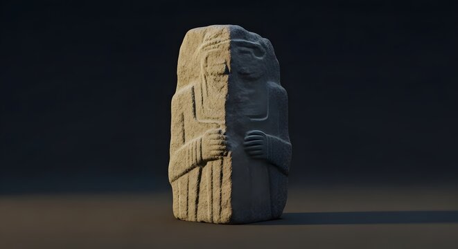 Ancient stone statue of a figure with carved details