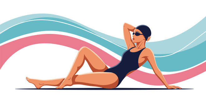 Beautiful female swimmer in a black swimsuit and goggles relaxing after a workout with colorful abstract waves in the background.