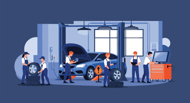 Professional mechanics providing car repair and maintenance services, including engine diagnostics and tire changes, in a modern auto workshop.