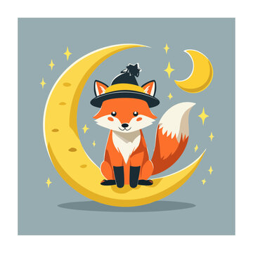 Cute cartoon fox with witch hat on crescent moon