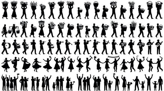 Giant Harvest Basket Parade Silhouettes Sets Pack, Editable Vectors Strokes Illustrations. containing harvest, farmers, musicians, dancers, celebration, common and mores Harvest Festivals silhouettes