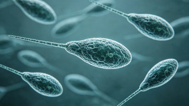 Transmission electron microscopy image of &lambda; phage particles, showing a tadpole-like structure.
