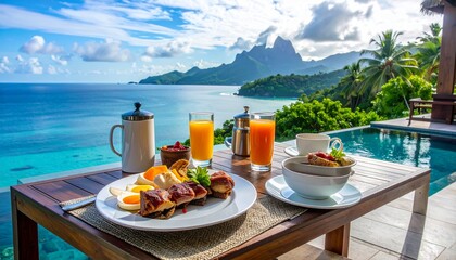 Fototapeta premium A luxurious breakfast served on a wooden terrace overlooking the tropical ocean with a breathtaking mountain view for a perfect morning.
