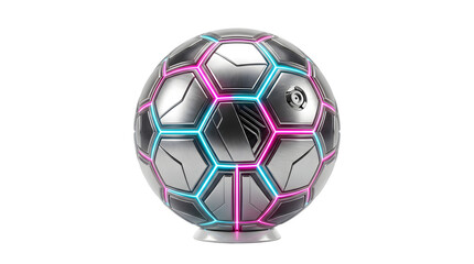 Fototapeta premium Futuristic soccer ball with neon glowing lines, metallic silver football on white background, high-tech sports equipment for gaming and esports