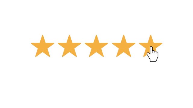 Mouse cursor clicking five stars rating animation, excellent customer premium review and feedback on white background
