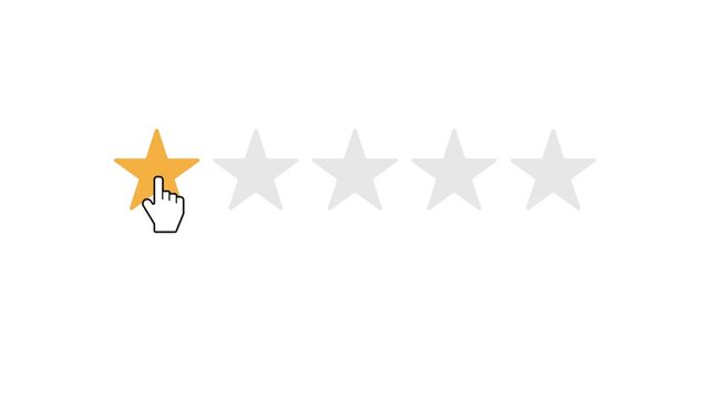 Mouse cursor clicking one star rating animation, negative customer bad review and feedback on white background
