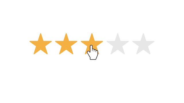 Mouse cursor clicking three stars rating animation, neutral customer average review and feedback on white background
