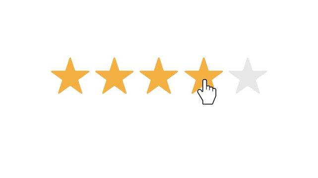 Mouse cursor clicking four stars rating animation, positive customer good review and feedback on white background
