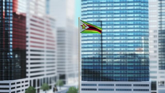 Zimbabwe Flag 3D Render Animation Waving in Front of Modern Glass Buildings - Daytime
