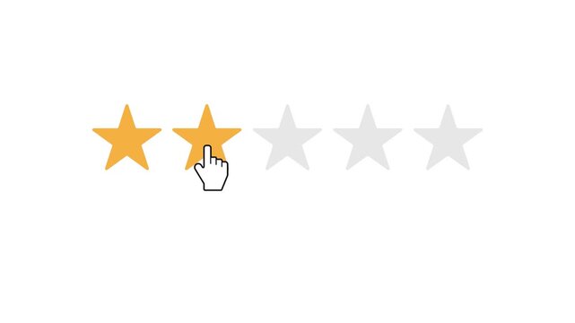 Mouse cursor clicking two stars rating animation, negative customer unsatisfactory review and feedback on white background
