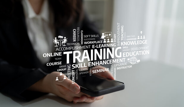 A close-up image of a person holding a smartphone surrounded by concepts of training and skill enhancement, representing the world of online education and personal development. Tessel