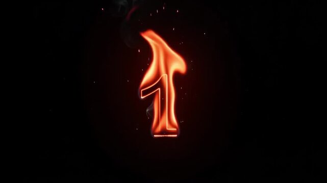 Burning number one digit glowing with intense orange flames and swirling smoke motion animation effect isolated on a deep black background representing a countdown sequence for cinematic production pr
