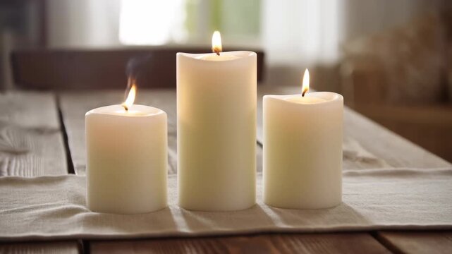 Three ivory pillar candles on wooden table with soft window light