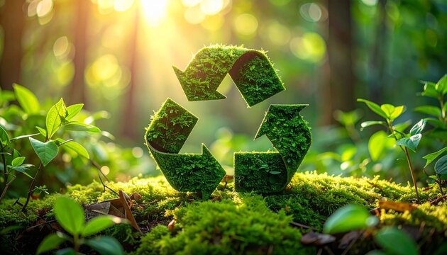 A vibrant moss covered recycling symbol placed in a sunlit forest clearing representing environmental sustainability and eco friendly practices.