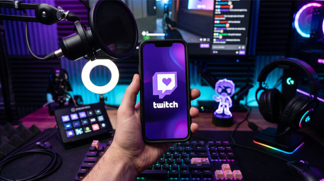 Male hand holding a smartphone iPhone with Twitch app logo on the screen. Professional streaming studio setup with microphone, ring light, mechanical RGB keyboard, and gaming headphones background.