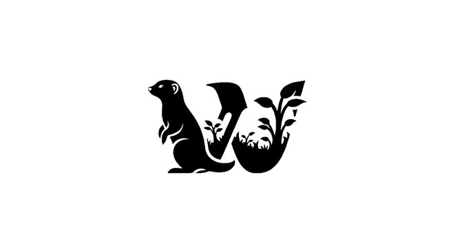 Black and white squirrel and leaf illustration.