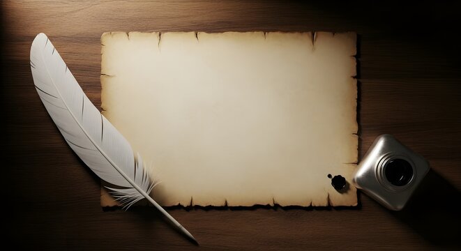 Antique writing setup with aged parchment quill pen and ornate silver inkwell on dark wood
