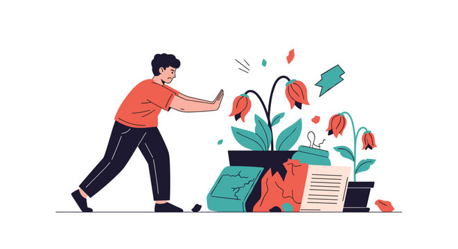 Determined man uses his hands to push away wilted plants and trash items in a conceptual scene about cleaning up the environment.
