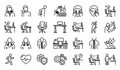 Fototapeta premium Workplace Ergonomics and Office Syndrome Outline Icons Collection with Body Pain Employee Health and Sitting Posture Line Vector Symbols