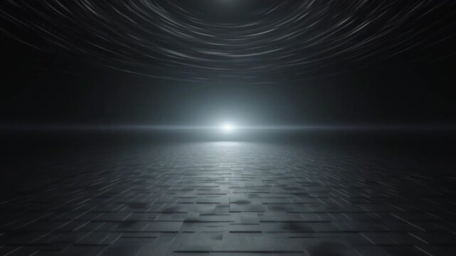 Futuristic abstract sci-fi background with central bright lens flare light, dark high-tech stage floor and curved tunnel ceiling loops, cinematic dark gray tech or space concept loop