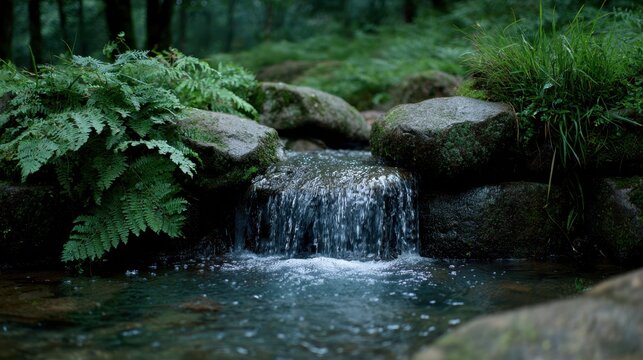 Serene Stream Flowing Over Rocks Surrounded by Lush Greenery in a Tranquil Forest Landscape