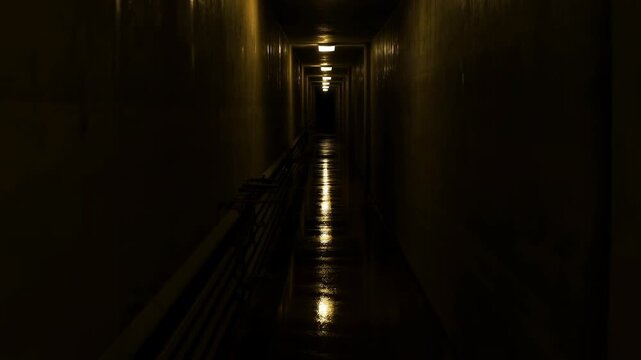 Dimly lit concrete service corridor with wet reflective floor