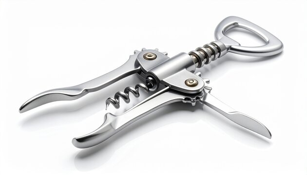 A professional stainless steel wing corkscrew isolated on a pure white background representing classic barware and wine accessories tools.