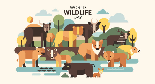 Vibrant illustration of diverse animals on World Wildlife Day