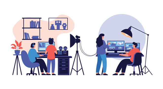 Production team works in a professional video editing studio using computers and lighting equipment to create media content.