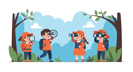 Fototapeta premium Group of four curious children dressed in explorer outfits use magnifying glasses and binoculars to discover nature in a forest.