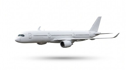 A clean, modern white airplane, isolated on a white background, showcasing its sleek design and powerful engines, ready for its next flight