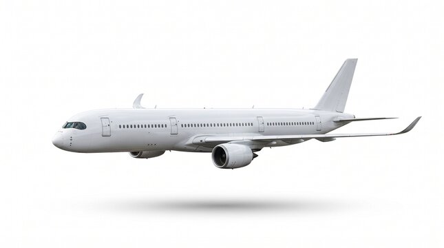 A clean, modern white airplane, isolated on a white background, showcasing its sleek design and powerful engines, ready for its next flight