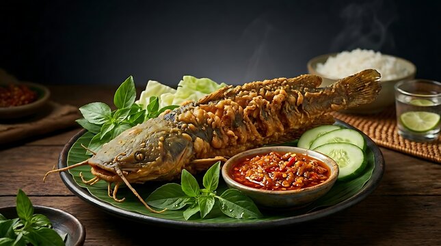 Award Winning Commercial Pecel Lele Food Photography, Crispy Fried Catfish with Shiny Spicy Sambal and Fresh Basil, Premium Indonesian Culinary Asset with Dark Gradient Copy Space