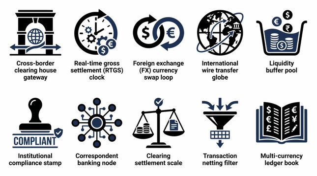 set of flat vector icons illustrating various financial and banking concepts, including cross-border transactions, settlements, and compliance.