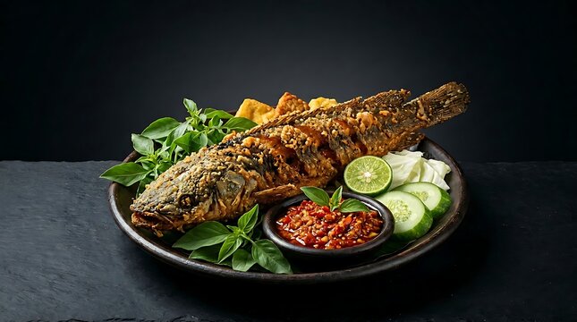 Premium Indonesian Pecel Lele Restaurant Menu Photography, Crispy Whole Fried Catfish with Spicy Sambal in Stone Mortar and Steamed Rice, Modern Culinary Asset with Gray Copy Space