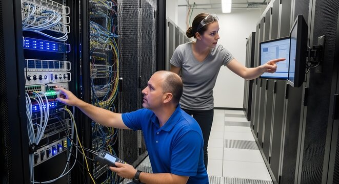 It Professionals Check Server Rack for Network Maintenance