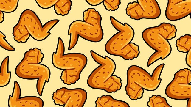Seamless looping pattern featuring crispy fried chicken wings on a light background. Perfect for fast food advertising, restaurant branding, menu presentations, packaging visuals