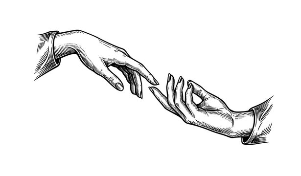 Classical engraved reaching hands vector illustration on white