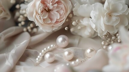 Fototapeta premium Elegant arrangement of pale pink roses and white peonies with pearls delicate fabric romantic luxurious floral composition