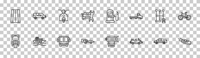 Naklejka premium outline transport icons set - road with broken lines, people carrier, shift, bobsleigh. editable vector for web and mobile ui