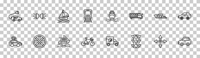 outline transportation icons set - electro car, car lights, yacht navigate, litter car. editable vector for web and mobile ui © IconArt