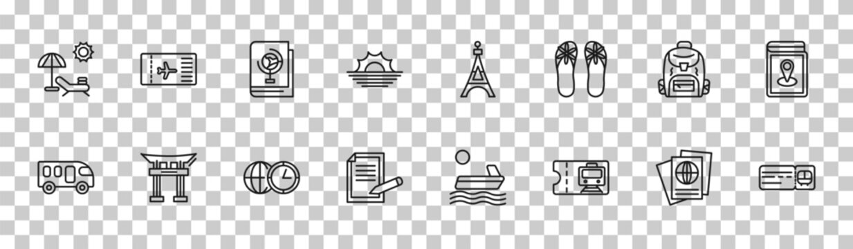 outline travel icons set - sun bath, boarding pass, student backpack, bus ticket. editable vector for web and mobile ui