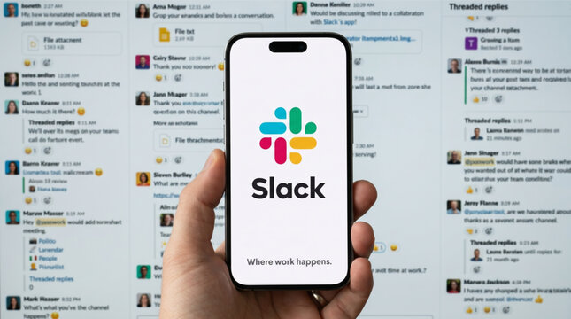 Male hand holding a smartphone iPhone with Slack business messaging app on screen. Blurred corporate chat interface in background. Modern workplace communication and team collaboration tool mockup UI.
